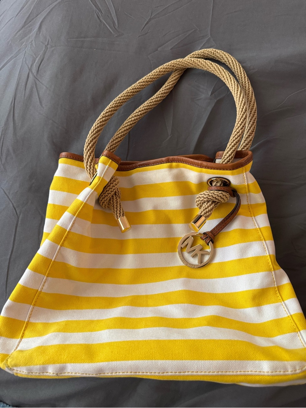 Michael Kors Yellow and White Striped Canvas Tote with Rope Handles